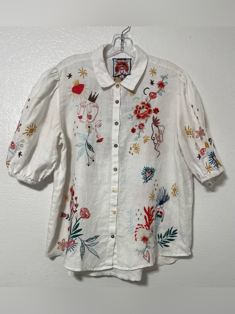 Johnny Was 100% Linen Embroidered Puff Sleeve Button Top White Size M - Picture 2 of 13